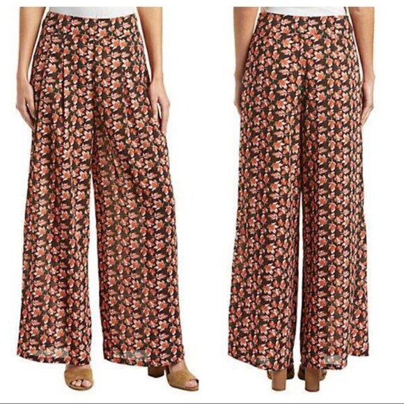 Flying Tomato Rust Leaf Palazzo Printed Pants High Rise Wide Leg - Size Large - Picture 1 of 3